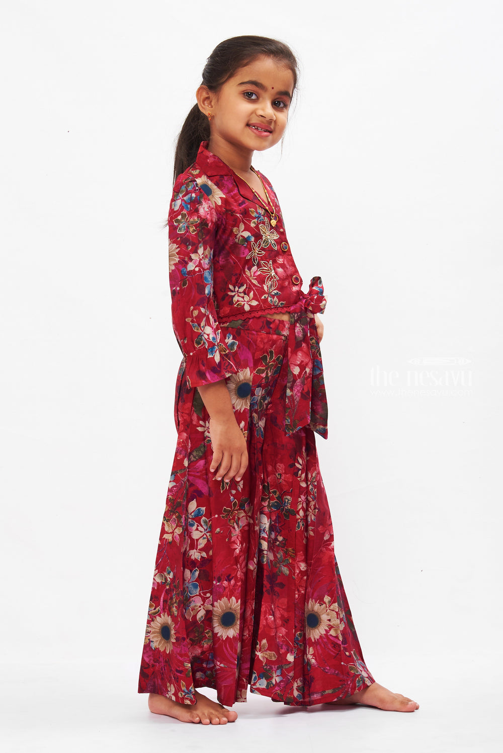 The Nesavu Girls Sharara / Plazo Set Ruby Red Floral Jacket and Palazzo Ensemble for Girls Nesavu Girls Red Floral Palazzo Set | Festive Floral Ensemble for Girls | The Nesavu