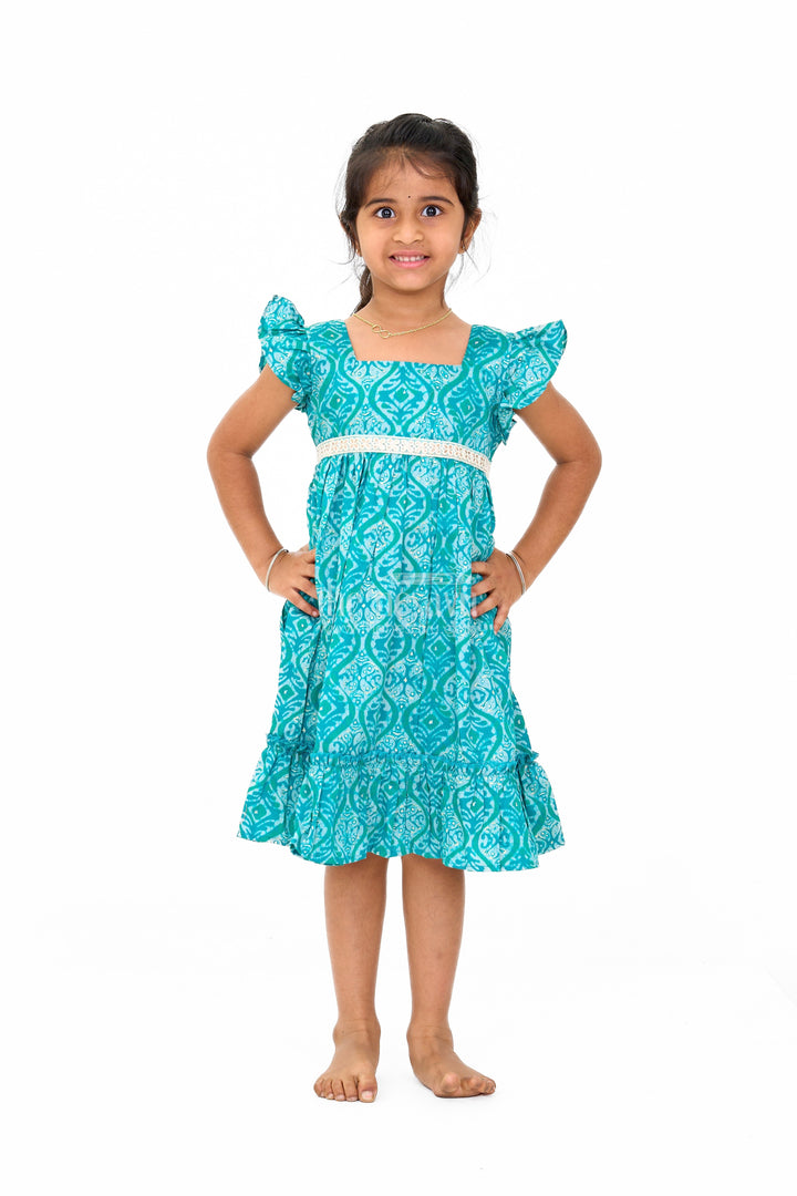 The Nesavu Girls Cotton Frock Ruffled Babydoll Mini Dress for Girls in Teal with Intricate Print Nesavu 16 (1Y) / Teal GFC1580A-16 Nesavu Ruffled Babydoll Mini Dress Girls Teal Intricate Prints