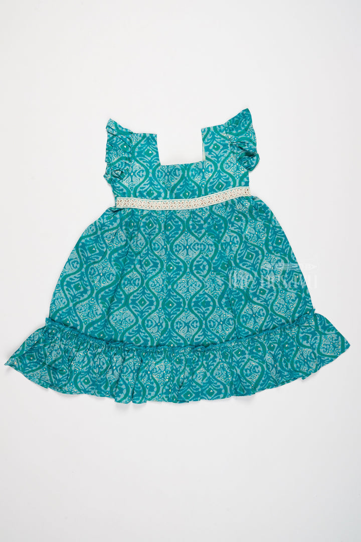 The Nesavu Girls Cotton Frock Ruffled Babydoll Mini Dress for Girls in Teal with Intricate Print Nesavu Ruffled Babydoll Mini Dress Girls Teal Intricate Prints | The Nesavu