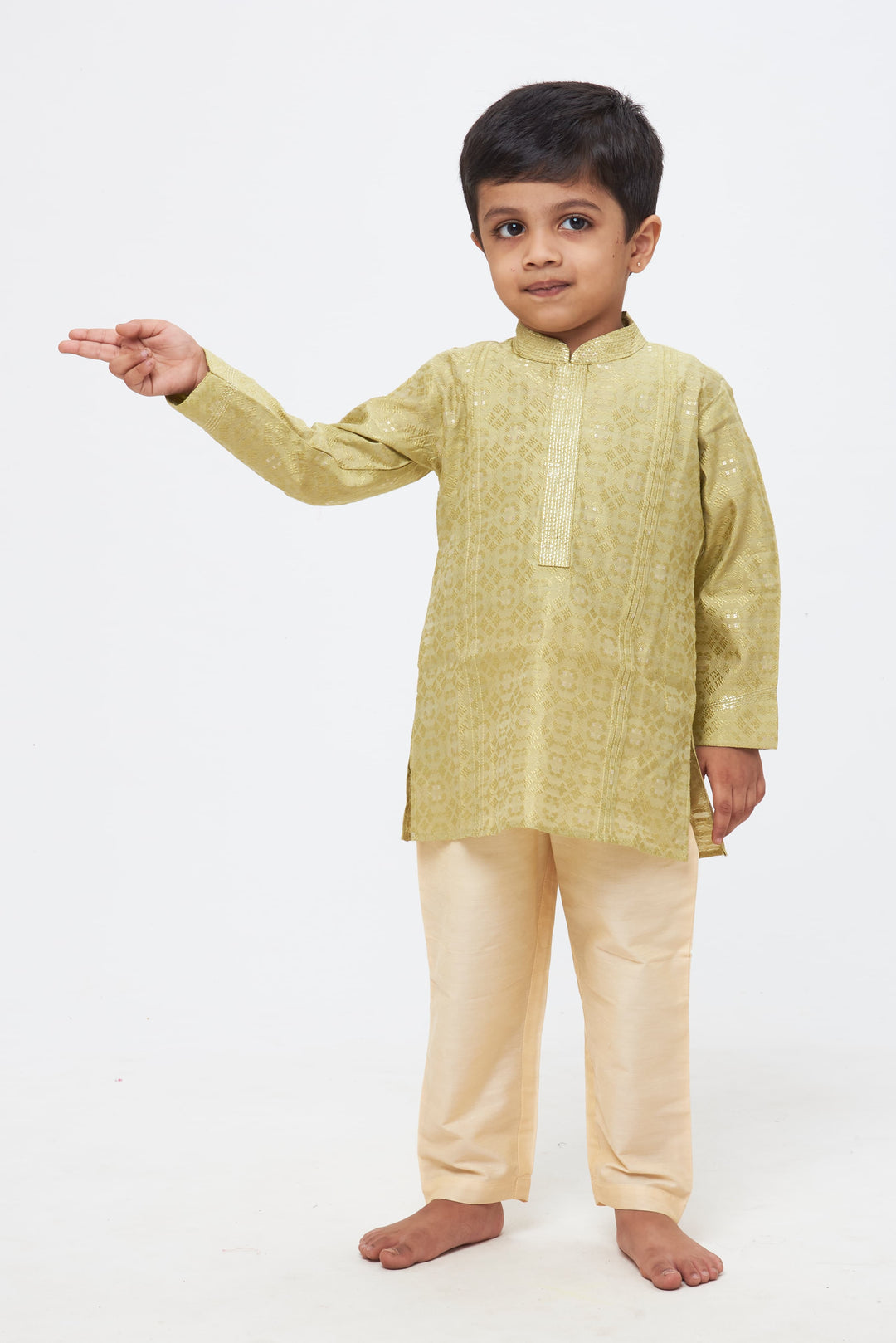 The Nesavu Boys Kurtha Set Sage Serenity: Boys' Jacquard Kurta with Tailored White Trousers Nesavu 14 (6M) / Green / Dupion BES417C-14 Festive Ready Attire | Boys Kurta with Coordinated Pant Set | The Nesavu