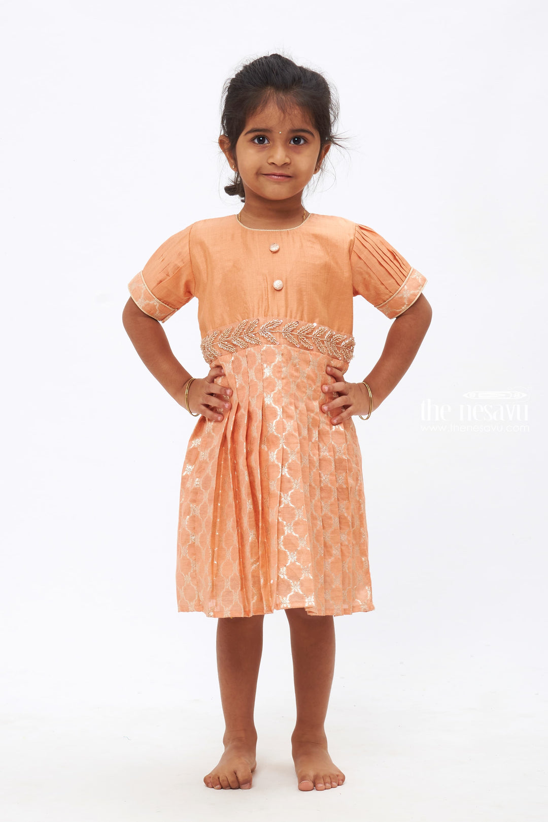 The Nesavu Silk Frock Salmon Traditional Silk Frock with Stone & Beads Embellishment - Festive Elegance Collection Nesavu 16 (1Y) / Salmon / Chanderi SF716C-16 Traditional Silk Frock with Stone & Beads Embellishment | Festive Elegance Collection | The Nesavu
