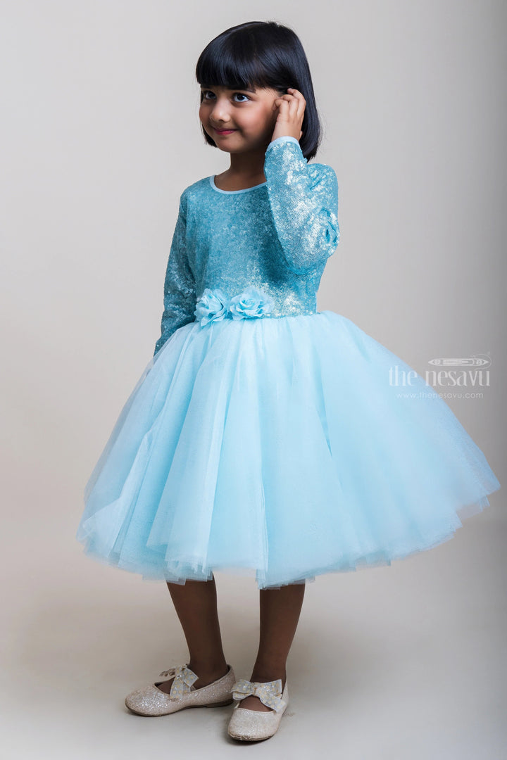 The Nesavu Girls Tutu Frock Sequenced Teal Blue Net Party Frock With Embellishment For Girls Nesavu Party Wear Gown Collection 2023 | Festive Wear Frocks | The Nesavu