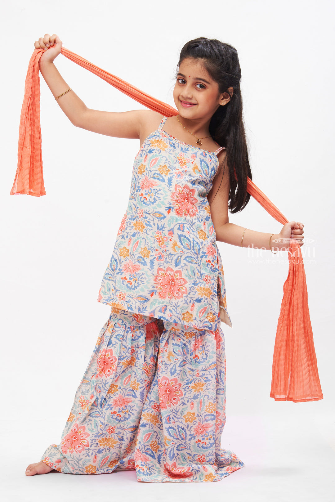 The Nesavu Girls Sharara / Plazo Set Serene Garden Floral Gharara Set with Cozy Dupatta for Girls Nesavu 16 (1Y) / Blue GPS257A-16 Shop Girls Serene Garden Floral Gharara Set | Delightful Dupatta Outfit Online | The Nesavu