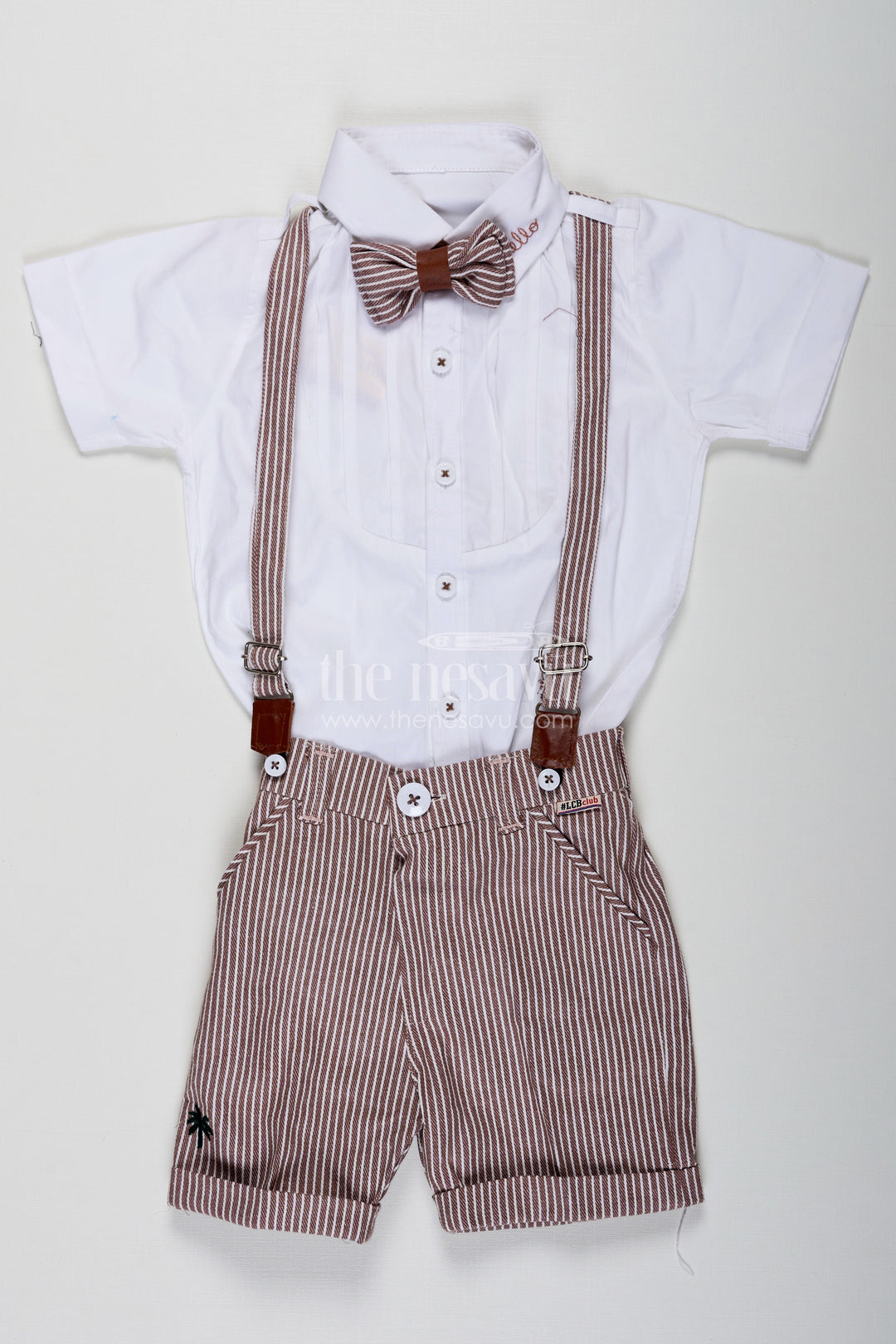 The Nesavu Boys Casual Set Shirt and Shorts Set for Boys with Pintuck Cotton Shirt Brown Stripe Shorts and Matching Accessories Nesavu 16 (1Y) / Brown BCS231B-16 Nesavu Shirt and Shorts Set for Boys with Pintuck Shirt Matching Bow Tie Belt and Striped Shorts