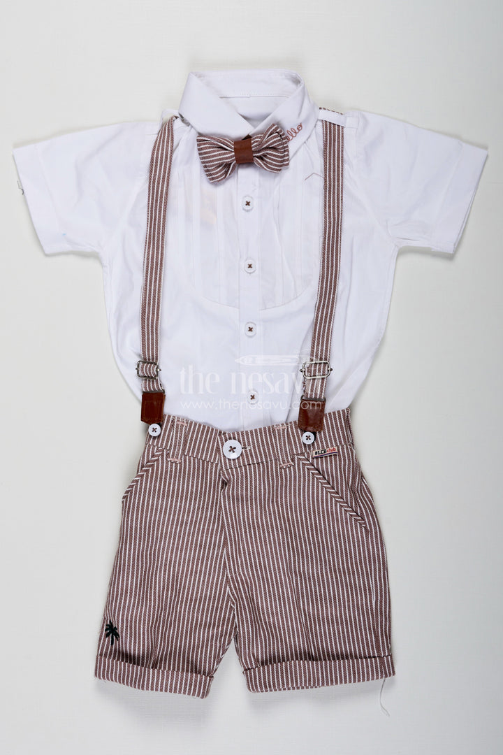 The Nesavu Boys Casual Set Shirt and Shorts Set for Boys with Pintuck Cotton Shirt Brown Stripe Shorts and Matching Accessories Nesavu 16 (1Y) / Brown BCS231B-16 Nesavu Shirt and Shorts Set for Boys with Pintuck Shirt Matching Bow Tie Belt and Striped Shorts