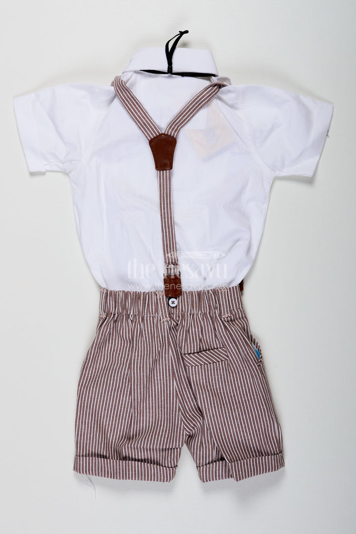The Nesavu Boys Casual Set Shirt and Shorts Set for Boys with Pintuck Cotton Shirt Brown Stripe Shorts and Matching Accessories Nesavu Nesavu Shirt and Shorts Set for Boys with Pintuck Shirt Matching Bow Tie Belt and Striped Shorts