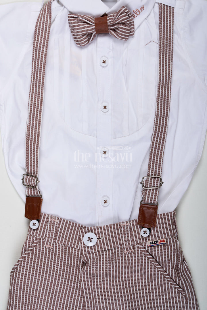 The Nesavu Boys Casual Set Shirt and Shorts Set for Boys with Pintuck Cotton Shirt Brown Stripe Shorts and Matching Accessories Nesavu Nesavu Shirt and Shorts Set for Boys with Pintuck Shirt Matching Bow Tie Belt and Striped Shorts