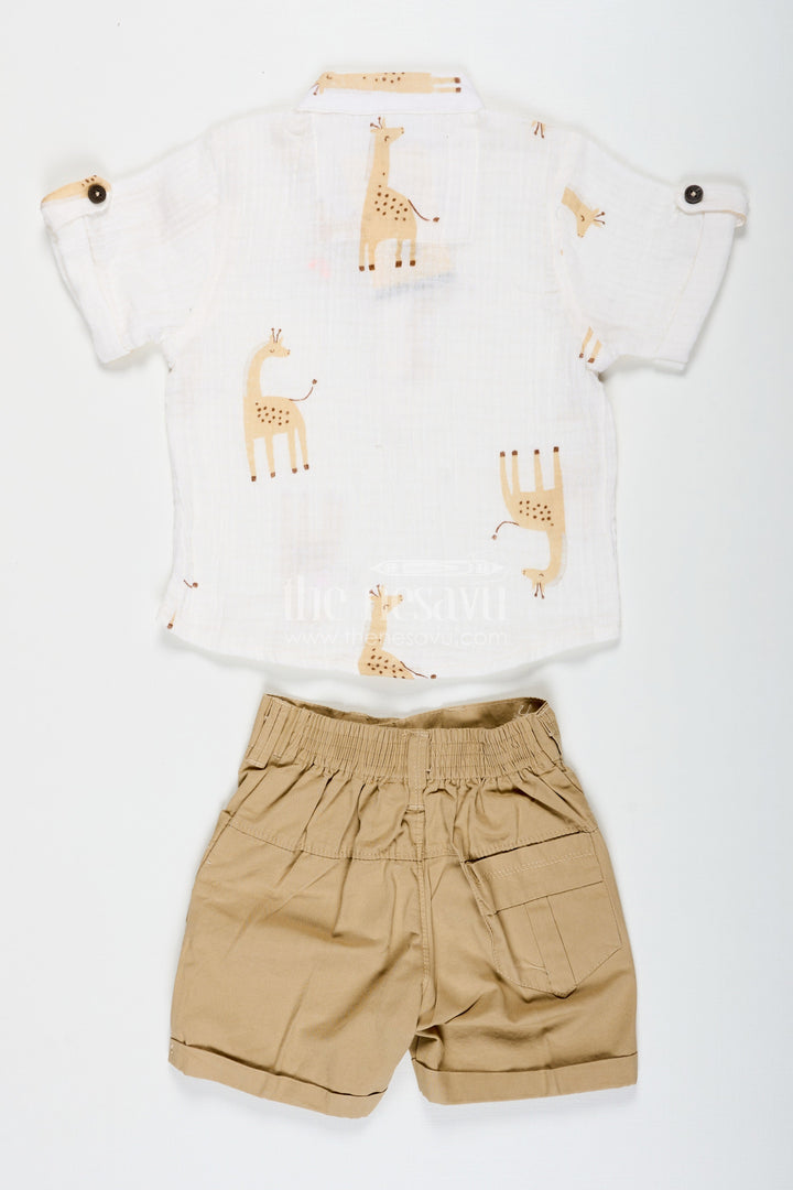 The Nesavu Boys Casual Set Shirt Trouser Set for Boys in Muslin Cotton with Giraffe Print and Button Detail on Cream Shirt and Khaki Shorts Nesavu Nesavu Shirt Trouser Set for Boys in Muslin Cotton with Giraffe Print Shirt and Comfortable Khaki Shorts