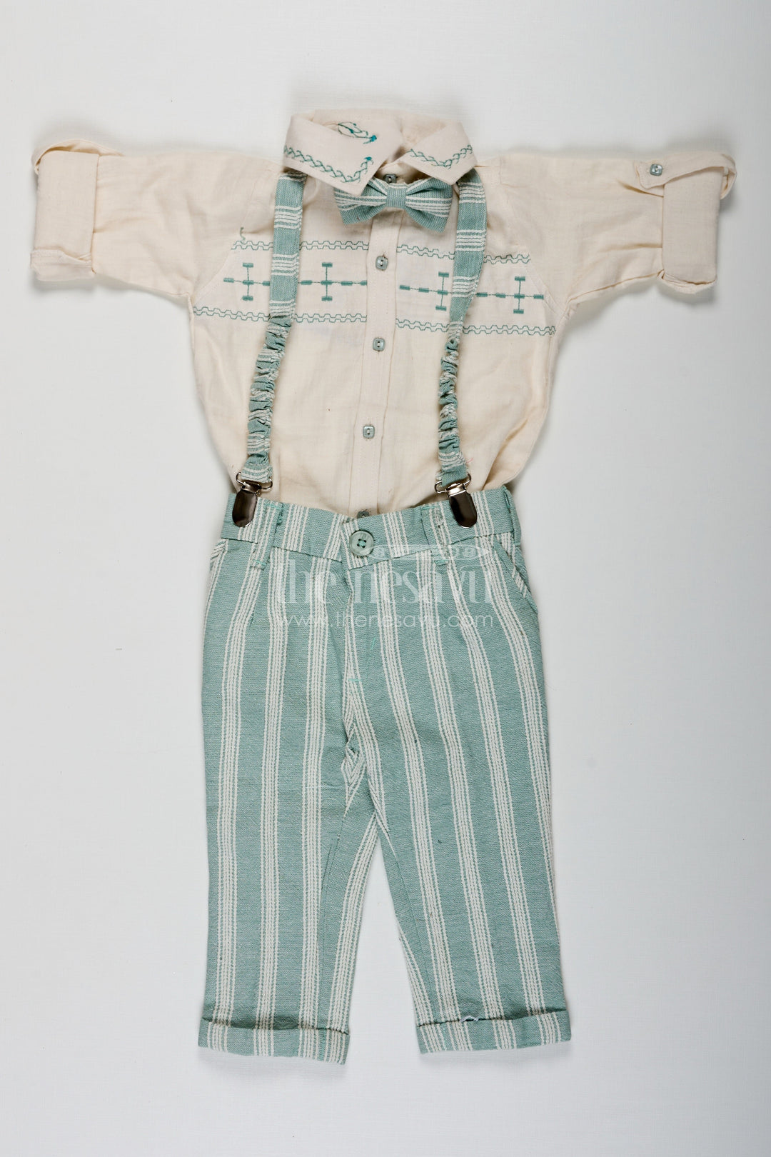 The Nesavu Boys Casual Set Short Sleeve Shirt Set for Boys in Cotton with Thread Embroidery and Green Striped Pants with Matching Cap Nesavu 16 (1Y) / Green BCS225A-16 Nesavu Short Sleeve Shirt Boys Cotton Set with Thread Embroidery Striped Pants and Matching Cap