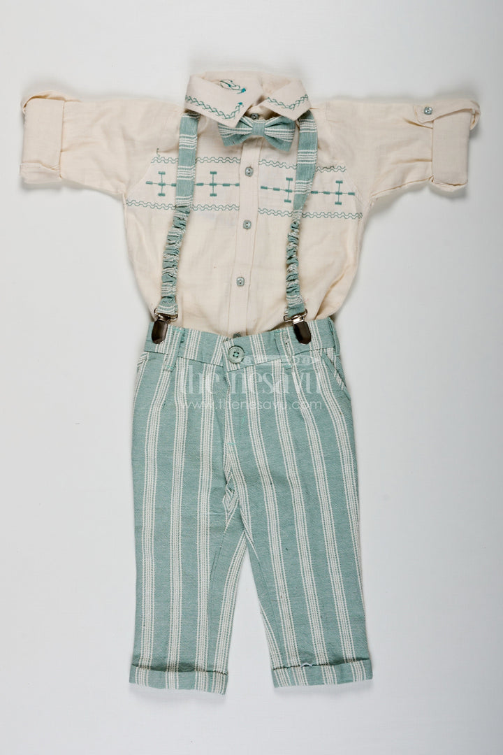 The Nesavu Boys Casual Set Short Sleeve Shirt Set for Boys in Cotton with Thread Embroidery and Green Striped Pants with Matching Cap Nesavu 16 (1Y) / Green BCS225A-16 Nesavu Short Sleeve Shirt Boys Cotton Set with Thread Embroidery Striped Pants and Matching Cap