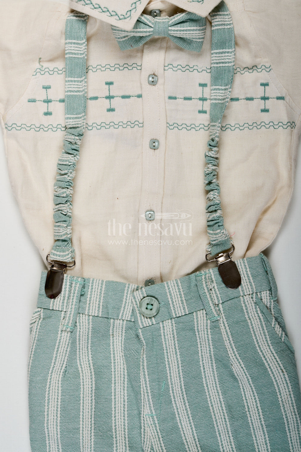 The Nesavu Boys Casual Set Short Sleeve Shirt Set for Boys in Cotton with Thread Embroidery and Green Striped Pants with Matching Cap Nesavu Nesavu Short Sleeve Shirt Boys Cotton Set with Thread Embroidery Striped Pants and Matching Cap