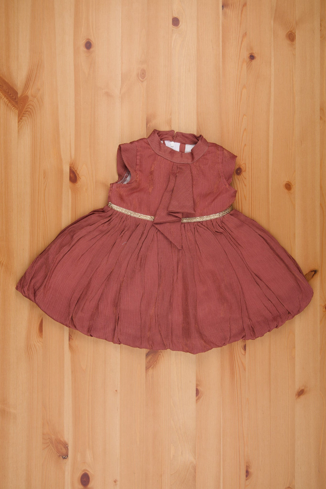 The Nesavu Baby Fancy Frock Sophisticated Brown Balloon Gown for Infants Elegant High Neck with Golden Waistband Accent Nesavu 14 (6M) / Brown / Crepe BFJ463B-14 Baby Designer Frock | Pretty Newborn Dresses | The Nesavu
