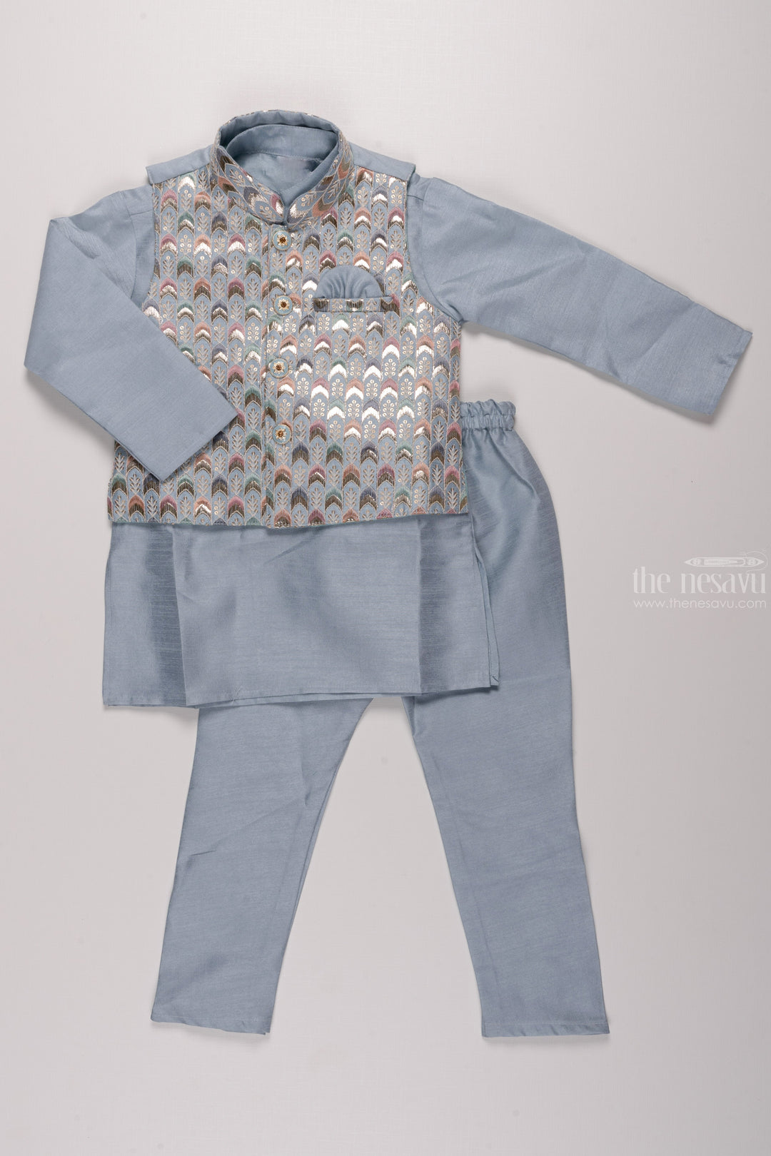 The Nesavu Boys Jacket Sets Sophisticated Ensemble : Elegant Boys' Embroidered Overcoat Kurta with Pant Set in Subtle Blue Nesavu 16 (1Y) / Blue / Blend Silk BES442A-16 Boys Embroidered Overcoat Kurta & Pant Set | Subtle Blue Elegance | Nesavu Collection