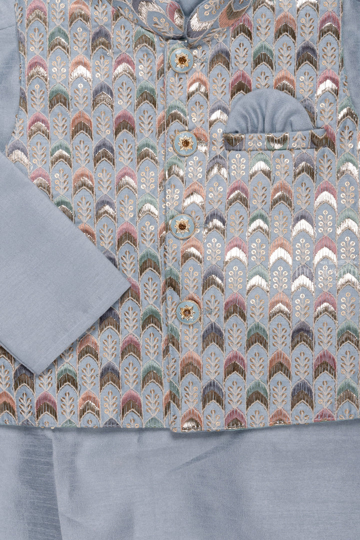 The Nesavu Boys Jacket Sets Sophisticated Ensemble : Elegant Boys' Embroidered Overcoat Kurta with Pant Set in Subtle Blue Nesavu Boys Embroidered Overcoat Kurta & Pant Set | Subtle Blue Elegance | Nesavu Collection