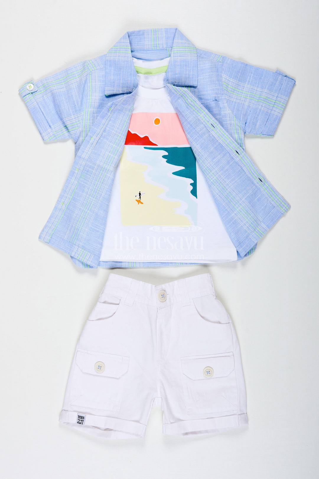 The Nesavu Boys Casual Set Stripe Design Boys Casual Outfit with Printed Tee and Checked Shirt in Designer Cotton with White Pocket Shorts Nesavu 16 (1Y) / Blue BCS228A-16 Nesavu Stripe Design Boys Outfit with Printed Tee Checked Shirt and Pocket Shorts in Cotton Fabric