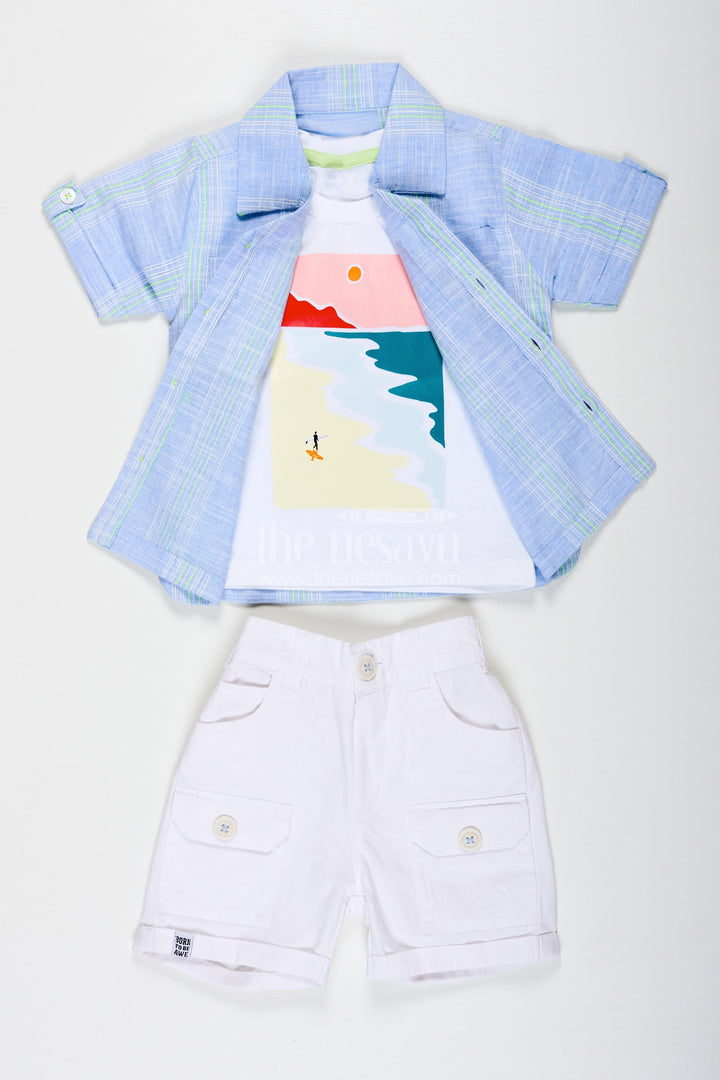 The Nesavu Boys Casual Set Stripe Design Boys Casual Outfit with Printed Tee and Checked Shirt in Designer Cotton with White Pocket Shorts Nesavu 16 (1Y) / Blue BCS228A-16 Nesavu Stripe Design Boys Outfit with Printed Tee Checked Shirt and Pocket Shorts in Cotton Fabric