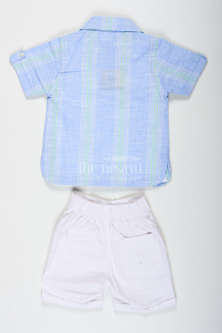 The Nesavu Boys Casual Set Stripe Design Boys Casual Outfit with Printed Tee and Checked Shirt in Designer Cotton with White Pocket Shorts Nesavu Nesavu Stripe Design Boys Outfit with Printed Tee Checked Shirt and Pocket Shorts in Cotton Fabric