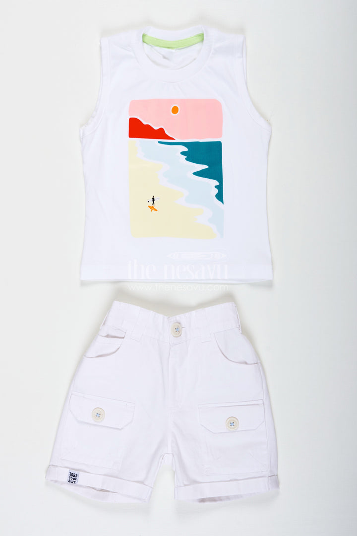 The Nesavu Boys Casual Set Stripe Design Boys Casual Outfit with Printed Tee and Checked Shirt in Designer Cotton with White Pocket Shorts Nesavu Nesavu Stripe Design Boys Outfit with Printed Tee Checked Shirt and Pocket Shorts in Cotton Fabric