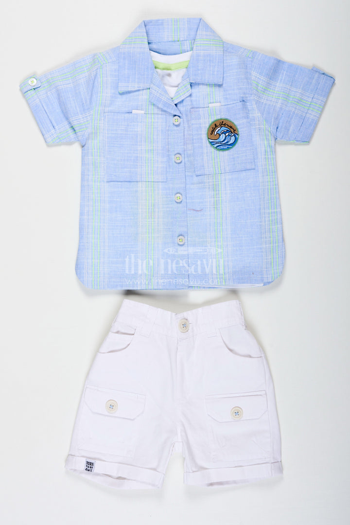 The Nesavu Boys Casual Set Stripe Design Boys Casual Outfit with Printed Tee and Checked Shirt in Designer Cotton with White Pocket Shorts Nesavu Nesavu Stripe Design Boys Outfit with Printed Tee Checked Shirt and Pocket Shorts in Cotton Fabric