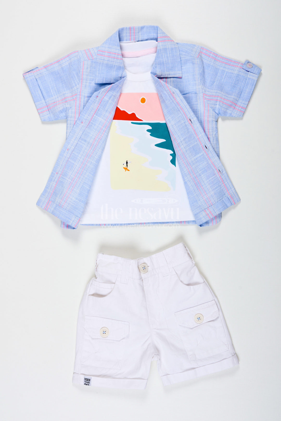 The Nesavu Boys Casual Set Stripes Design Boys Cotton Casual Outfit with Graphic Tank Top Checked Shirt and Cargo Pocket Shorts Nesavu 16 (1Y) / Blue BCS228B-16 Nesavu Stripes Design Boys Outfit with Graphic Tank Shirt Checked Button Down and White Cargo Shorts