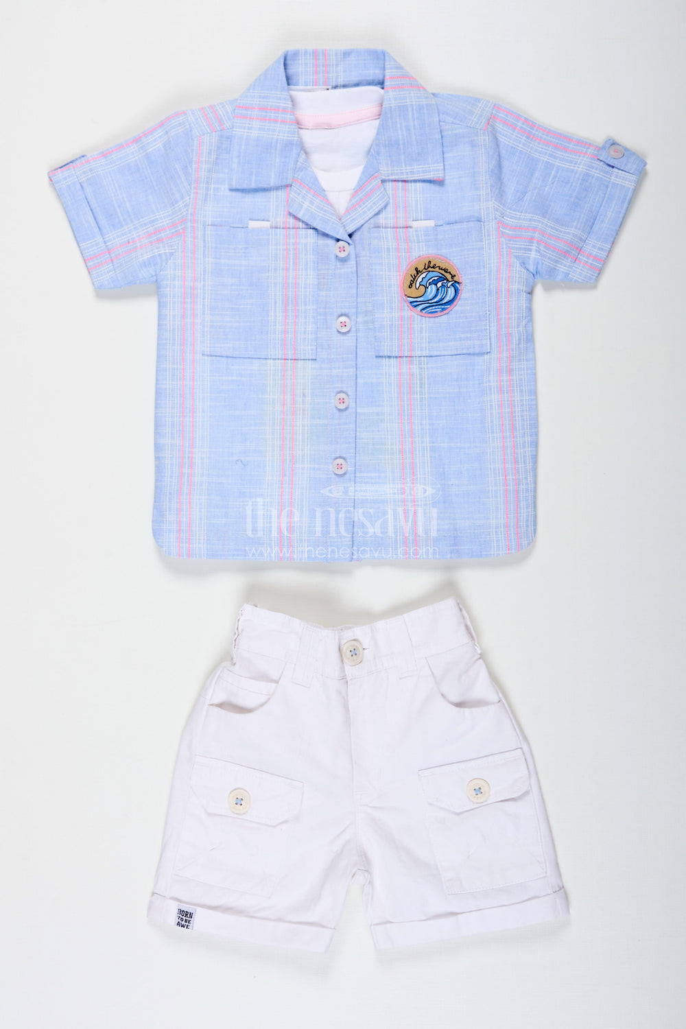 The Nesavu Boys Casual Set Stripes Design Boys Cotton Casual Outfit with Graphic Tank Top Checked Shirt and Cargo Pocket Shorts Nesavu Nesavu Stripes Design Boys Outfit with Graphic Tank Shirt Checked Button Down and White Cargo Shorts