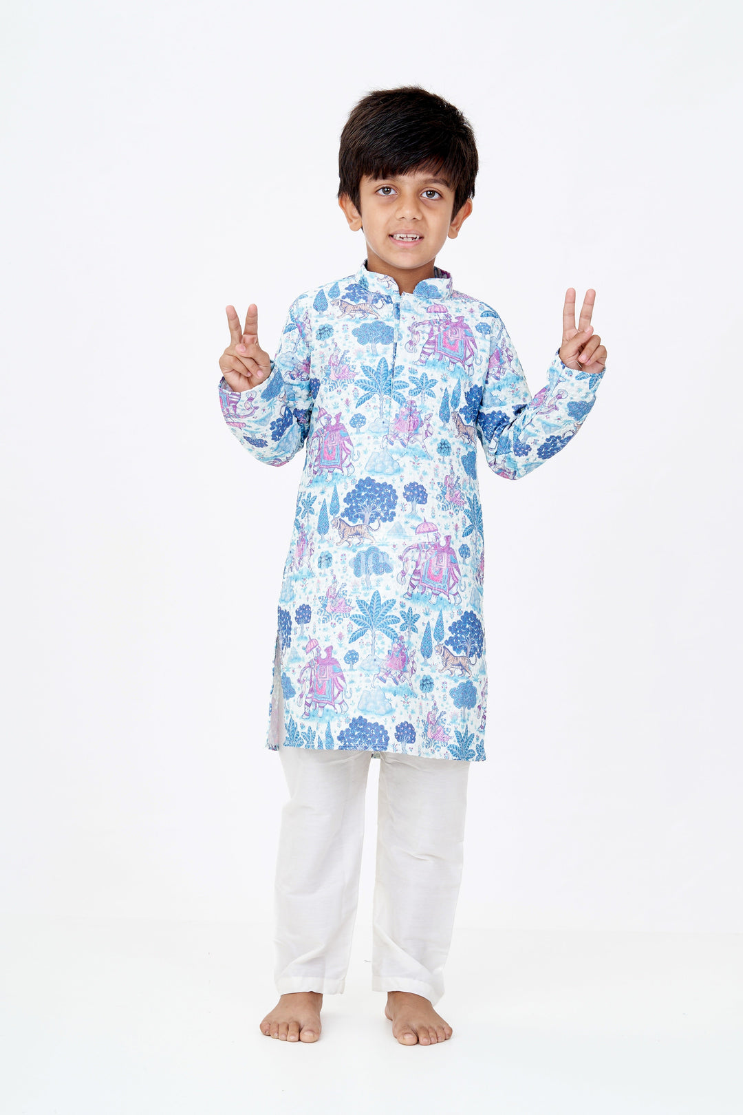The Nesavu Boys Kurtha Set Stylish Boys Blue Printed Kurta Set with Story Digital Print and Embroidered Detailing Nesavu 18 (2Y) / Blue BES655A-18 Nesavu Boys Blue Printed Kurta Set Digital Print Embroidery Festive Wear