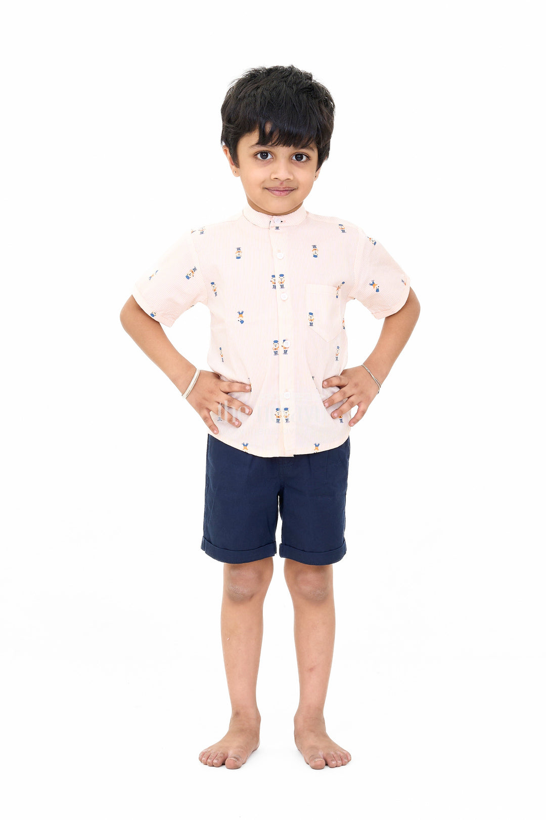 The Nesavu Boys Casual Set Stylish Boys Shirts Shorts Set with Printed Shirt and Cotton Navy Shorts Nesavu 14 (6M) / Half white BCS200B-14 Stylish Boys Shirts Shorts Set Printed Shirt Cotton Navy Shorts