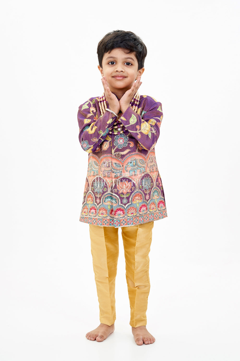 The Nesavu Boys Sherwani Stylish Kurta for Kids with Exquisite Embroidery and Golden Dhoti for Festive Wear Nesavu Nesavu Stylish Kurta Kids Embroidered Jacket Golden Dhoti Traditional Wear