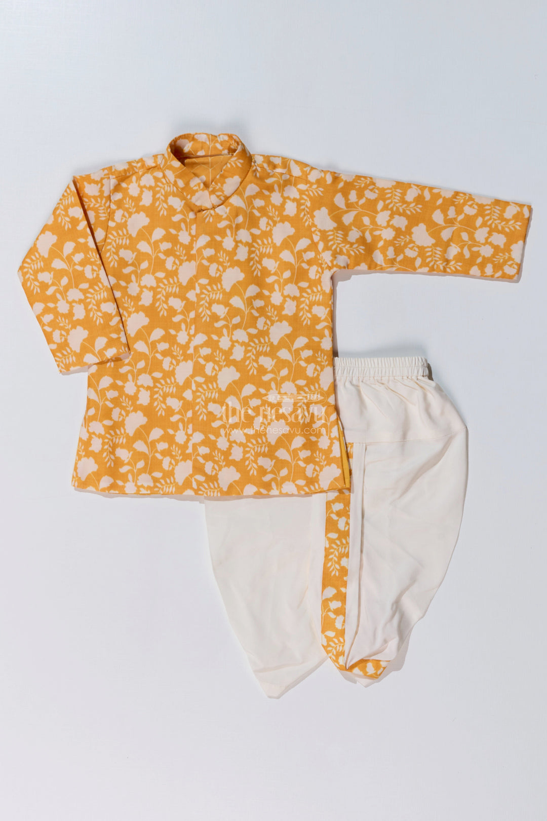 The Nesavu Boys Dothi Set Stylish Yellow Dhoti Kurta for Boys in Cotton Printed Fabric with Traditional Design Nesavu 14 (6M) / Yellow BES642B-14 Nesavu Yellow Dhoti Kurta Boys Cotton Printed Fabric Traditional Design
