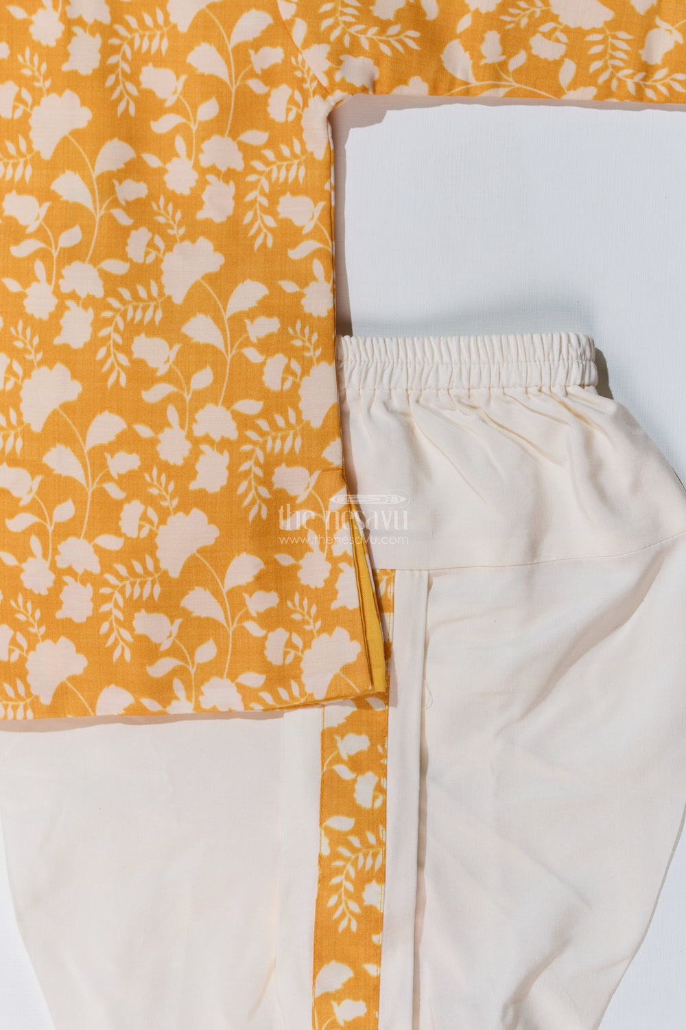 The Nesavu Boys Dothi Set Stylish Yellow Dhoti Kurta for Boys in Cotton Printed Fabric with Traditional Design Nesavu Nesavu Yellow Dhoti Kurta Boys Cotton Printed Fabric Traditional Design