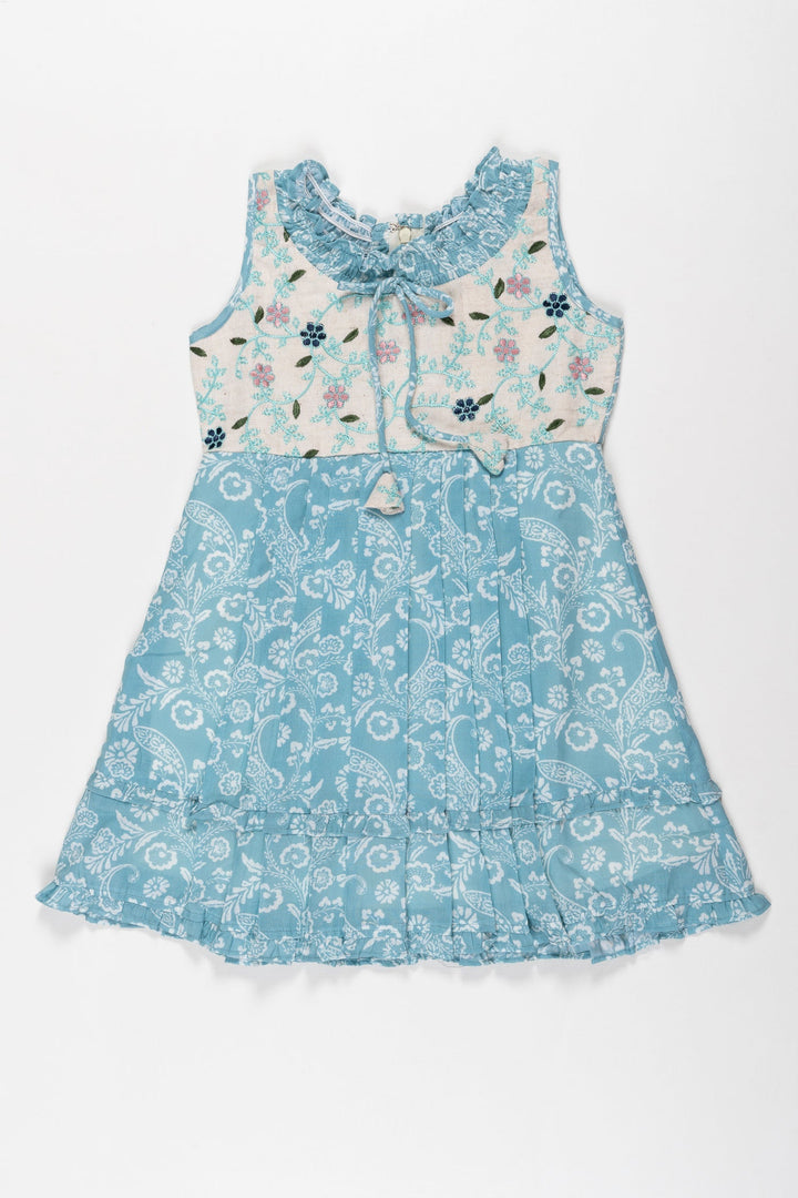 The Nesavu Girls Cotton Frock Summer Breeze: Girls Aqua Floral Cotton Dress with Ruffle Accents Nesavu 22 (4Y) / Blue / Cotton GFC1292A-22 Shop Aqua Floral Ruffle Cotton Dress for Girls | Perfect for Summer Fun | The Nesavu