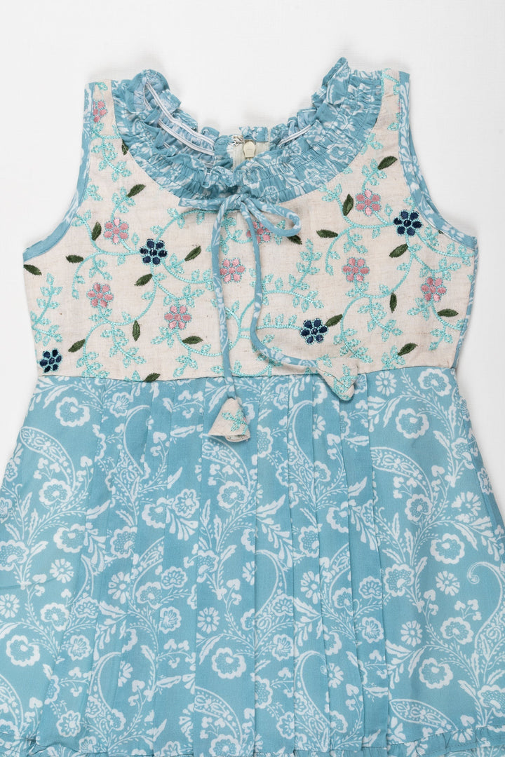 The Nesavu Girls Cotton Frock Summer Breeze: Girls Aqua Floral Cotton Dress with Ruffle Accents Nesavu Shop Aqua Floral Ruffle Cotton Dress for Girls | Perfect for Summer Fun | The Nesavu