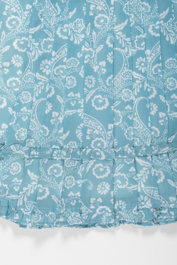 The Nesavu Girls Cotton Frock Summer Breeze: Girls Aqua Floral Cotton Dress with Ruffle Accents Nesavu Shop Aqua Floral Ruffle Cotton Dress for Girls | Perfect for Summer Fun | The Nesavu