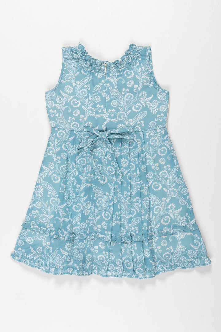 The Nesavu Girls Cotton Frock Summer Breeze: Girls Aqua Floral Cotton Dress with Ruffle Accents Nesavu Shop Aqua Floral Ruffle Cotton Dress for Girls | Perfect for Summer Fun | The Nesavu