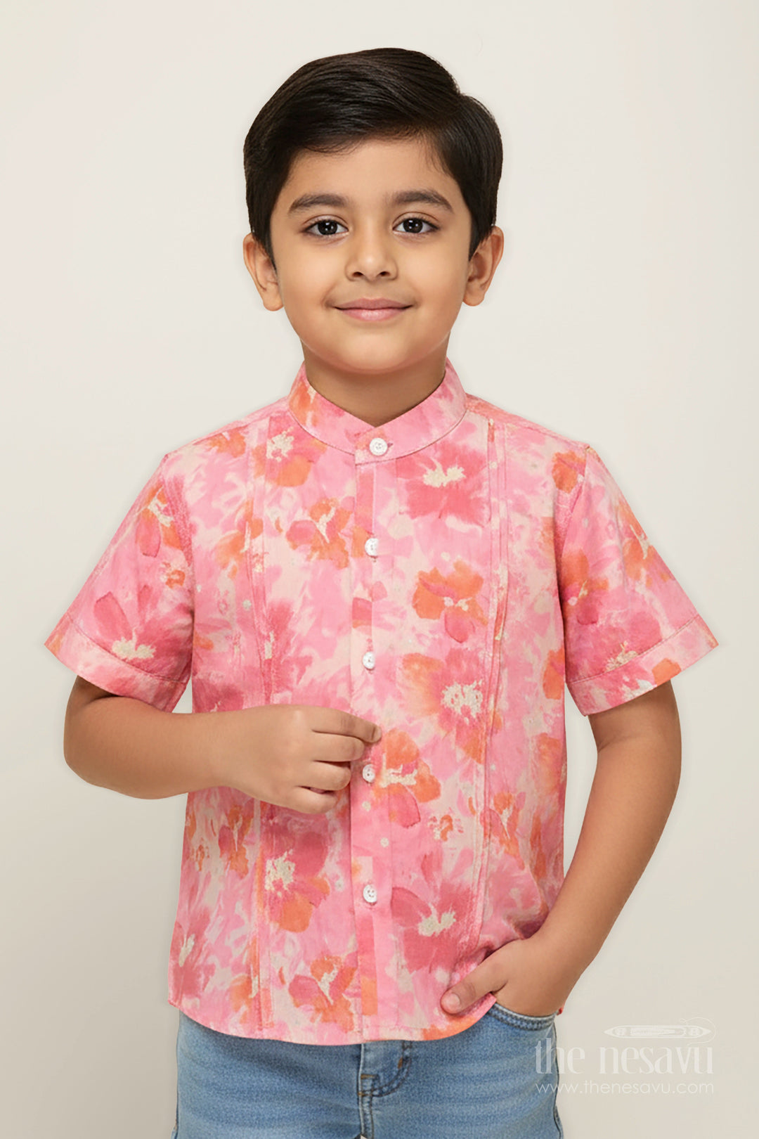 The Nesavu Boys Cotton Shirt Summer Casual Cotton Shirt for Toddler Boys with Pink Watercolor Floral Print for Breezy Comfort Nesavu 16 (1Y) / Pink BS262A-16 Nesavu Summer Casual Cotton Shirt Toddler Boys Watercolor Floral Print Pink Orange