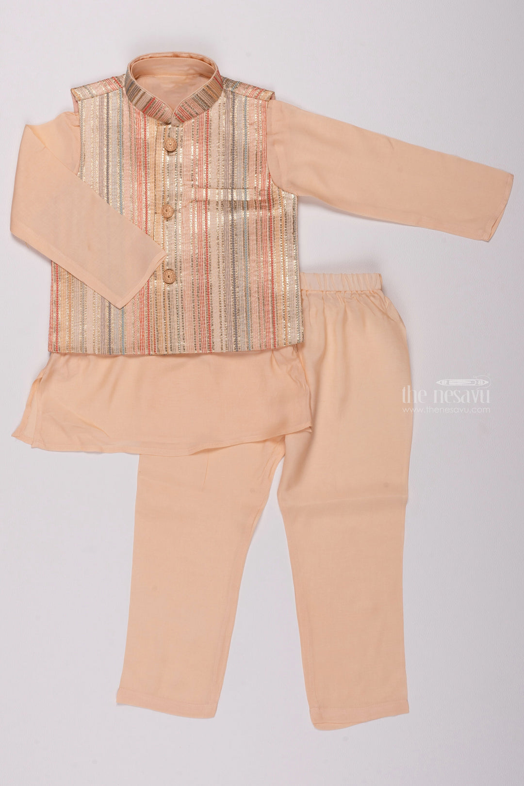 The Nesavu Boys Jacket Sets Sunlit Elegance: Salmon Kurta & Pant with Resham Embroidered Jacket Accent for Boys Nesavu 12 (3M) / Salmon / Silk Blend BES379A-12 Boys Kurta with Pant Set | Comfortable & Stylish Kids Ethnic Wear | The Nesavu