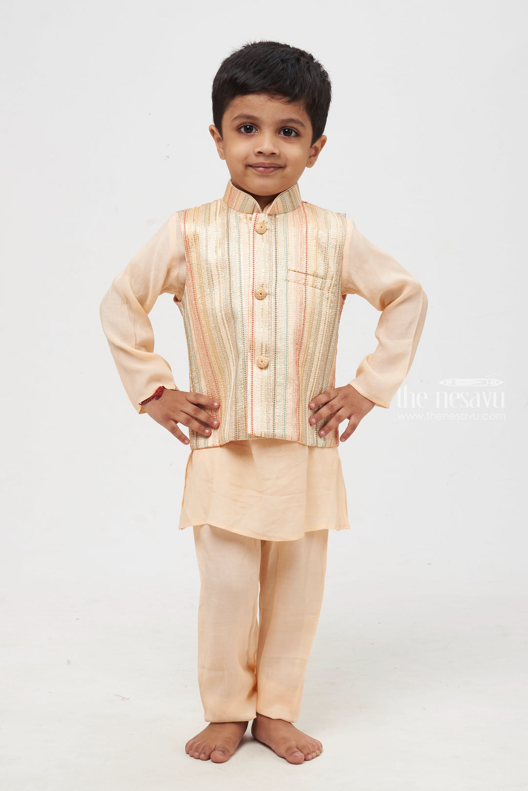 The Nesavu Boys Jacket Sets Sunlit Elegance: Salmon Kurta & Pant with Resham Embroidered Jacket Accent for Boys Nesavu Boys Kurta with Pant Set | Comfortable & Stylish Kids Ethnic Wear | The Nesavu