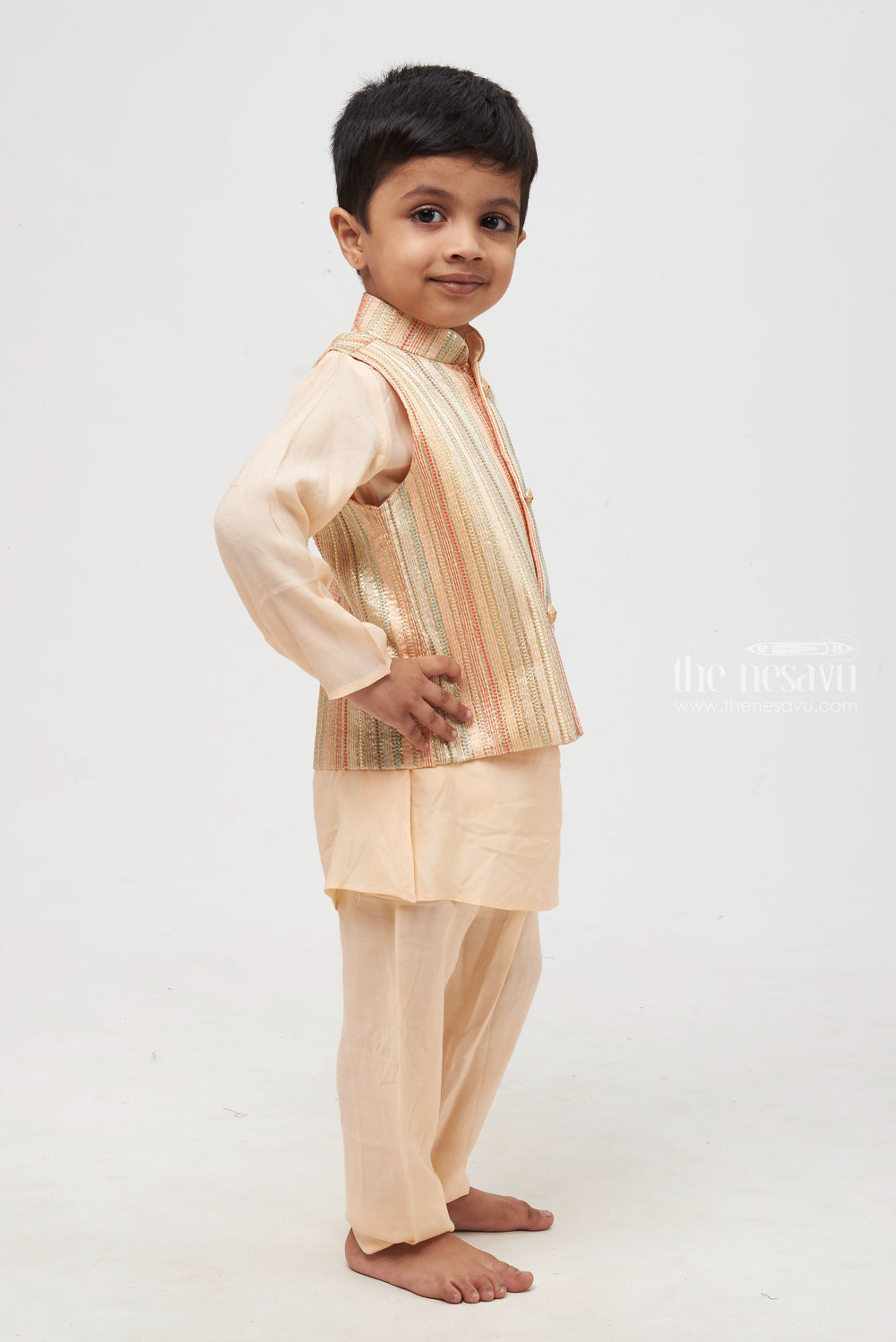 The Nesavu Boys Jacket Sets Sunlit Elegance: Salmon Kurta & Pant with Resham Embroidered Jacket Accent for Boys Nesavu Boys Kurta with Pant Set | Comfortable & Stylish Kids Ethnic Wear | The Nesavu