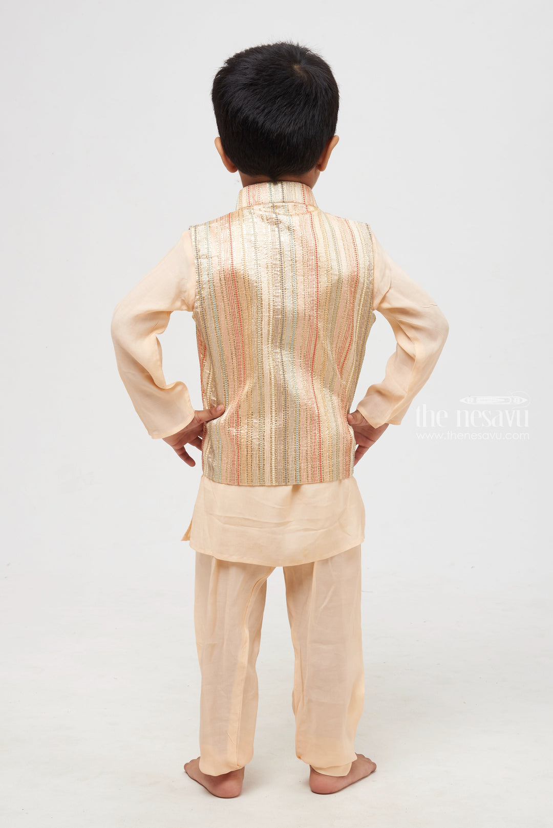 The Nesavu Boys Jacket Sets Sunlit Elegance: Salmon Kurta & Pant with Resham Embroidered Jacket Accent for Boys Nesavu Boys Kurta with Pant Set | Comfortable & Stylish Kids Ethnic Wear | The Nesavu