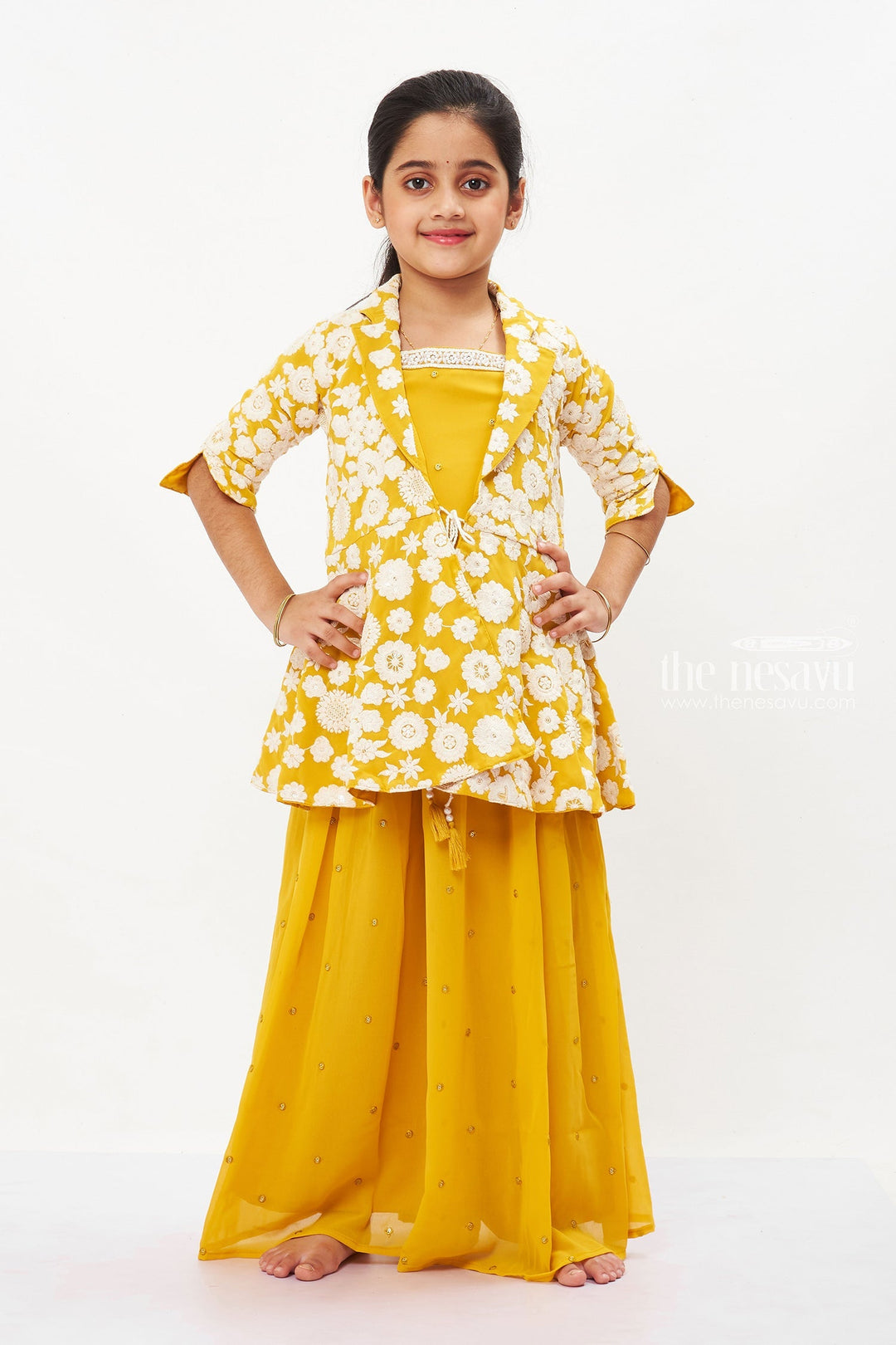 The Nesavu Girls Sharara / Plazo Set Sunny Elegance: Girls' Vibrant Yellow Kurti and Palazzo Set Nesavu 24 (5Y) / Yellow / Georgette GPS295A-24 Girls' Yellow Floral Kurti & Palazzo Set for Wedding Season | The Nesavu