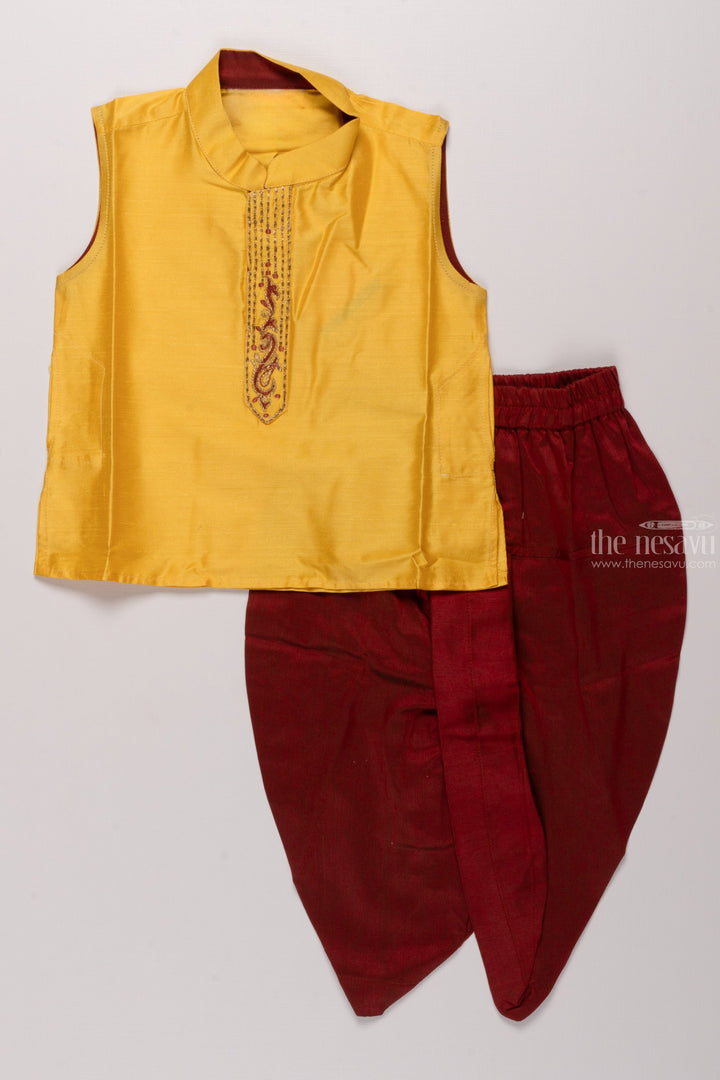 The Nesavu Boys Dothi Set Sunny Splendor: Boys Yellow Silk Kurta with Maroon Dothi and Exquisite Embroidery Nesavu 12 (3M) / Yellow / Cotton Dupion BES425B-12 Timeless Traditions | New Festive Boys Kurta with Panchagajam Sets | The Nesavu