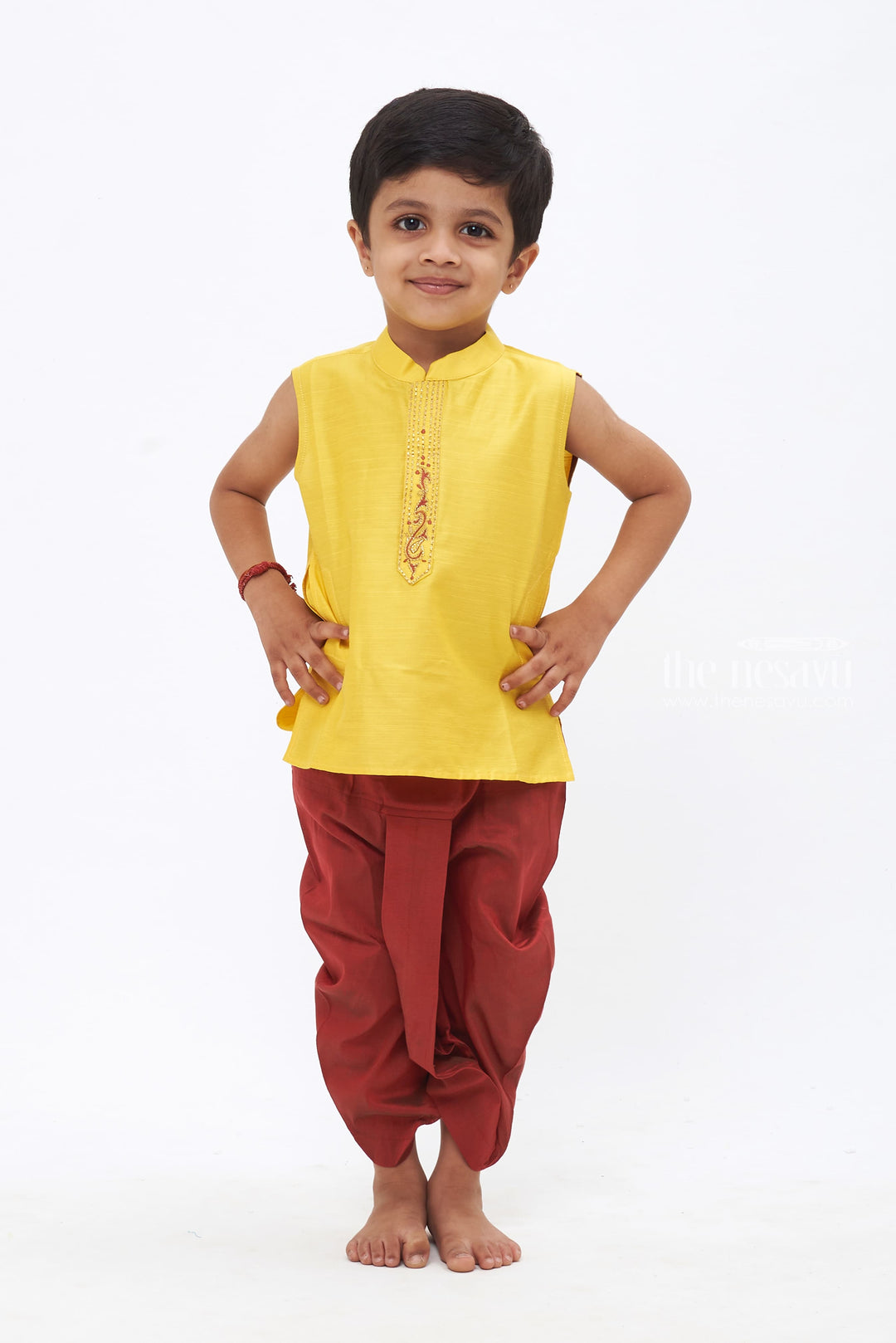 The Nesavu Boys Dothi Set Sunny Splendor: Boys Yellow Silk Kurta with Maroon Dothi and Exquisite Embroidery Nesavu 12 (3M) / Yellow / Cotton Dupion BES425B-12 Timeless Traditions | New Festive Boys Kurta with Panchagajam Sets | The Nesavu