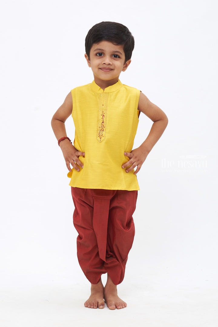The Nesavu Boys Dothi Set Sunny Splendor: Boys Yellow Silk Kurta with Maroon Dothi and Exquisite Embroidery Nesavu 12 (3M) / Yellow / Cotton Dupion BES425B-12 Timeless Traditions | New Festive Boys Kurta with Panchagajam Sets | The Nesavu