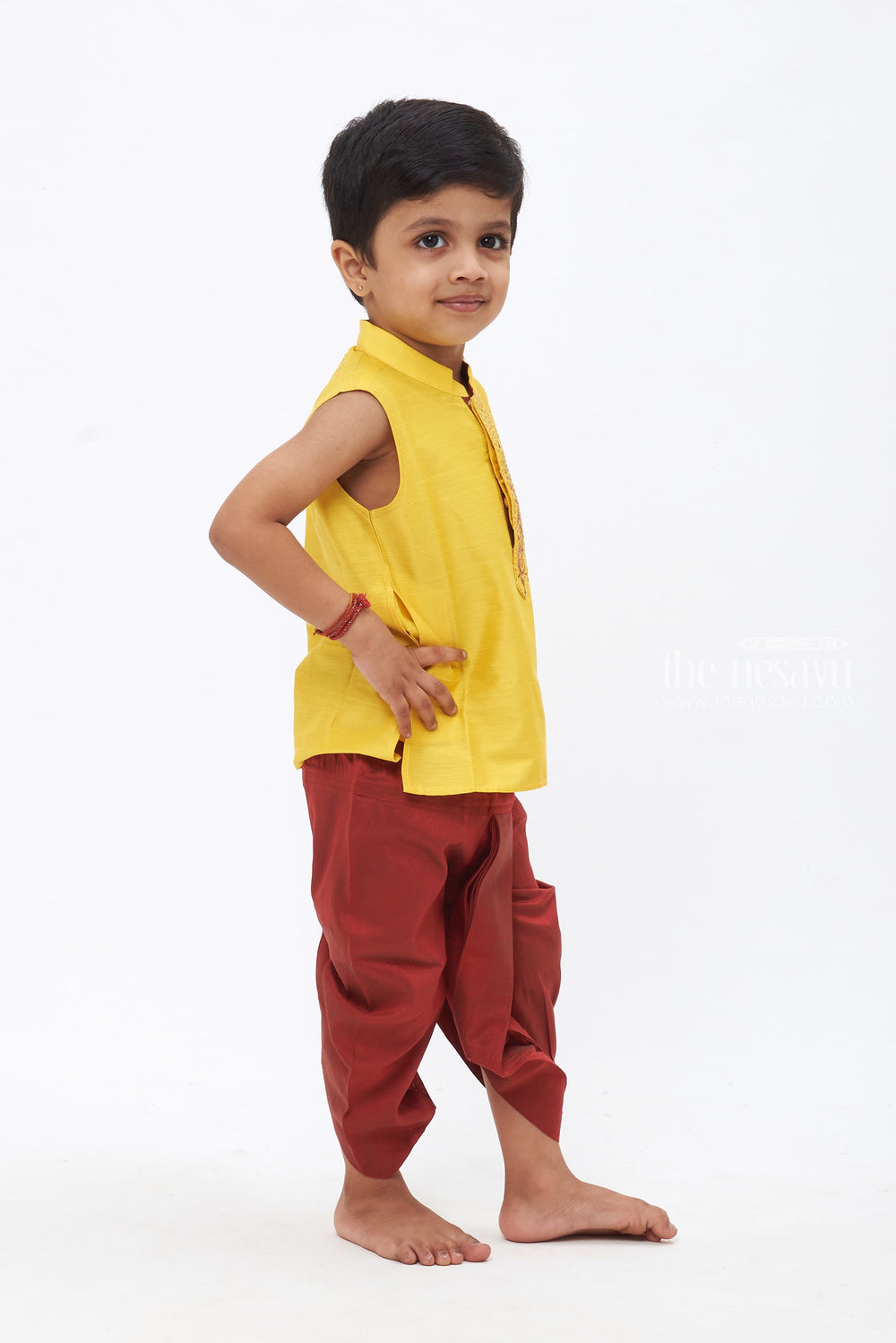 The Nesavu Boys Dothi Set Sunny Splendor: Boys Yellow Silk Kurta with Maroon Dothi and Exquisite Embroidery Nesavu Timeless Traditions | New Festive Boys Kurta with Panchagajam Sets | The Nesavu