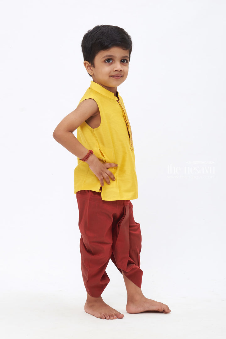 The Nesavu Boys Dothi Set Sunny Splendor: Boys Yellow Silk Kurta with Maroon Dothi and Exquisite Embroidery Nesavu Timeless Traditions | New Festive Boys Kurta with Panchagajam Sets | The Nesavu