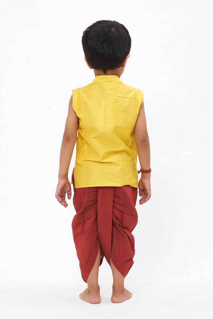 The Nesavu Boys Dothi Set Sunny Splendor: Boys Yellow Silk Kurta with Maroon Dothi and Exquisite Embroidery Nesavu Timeless Traditions | New Festive Boys Kurta with Panchagajam Sets | The Nesavu