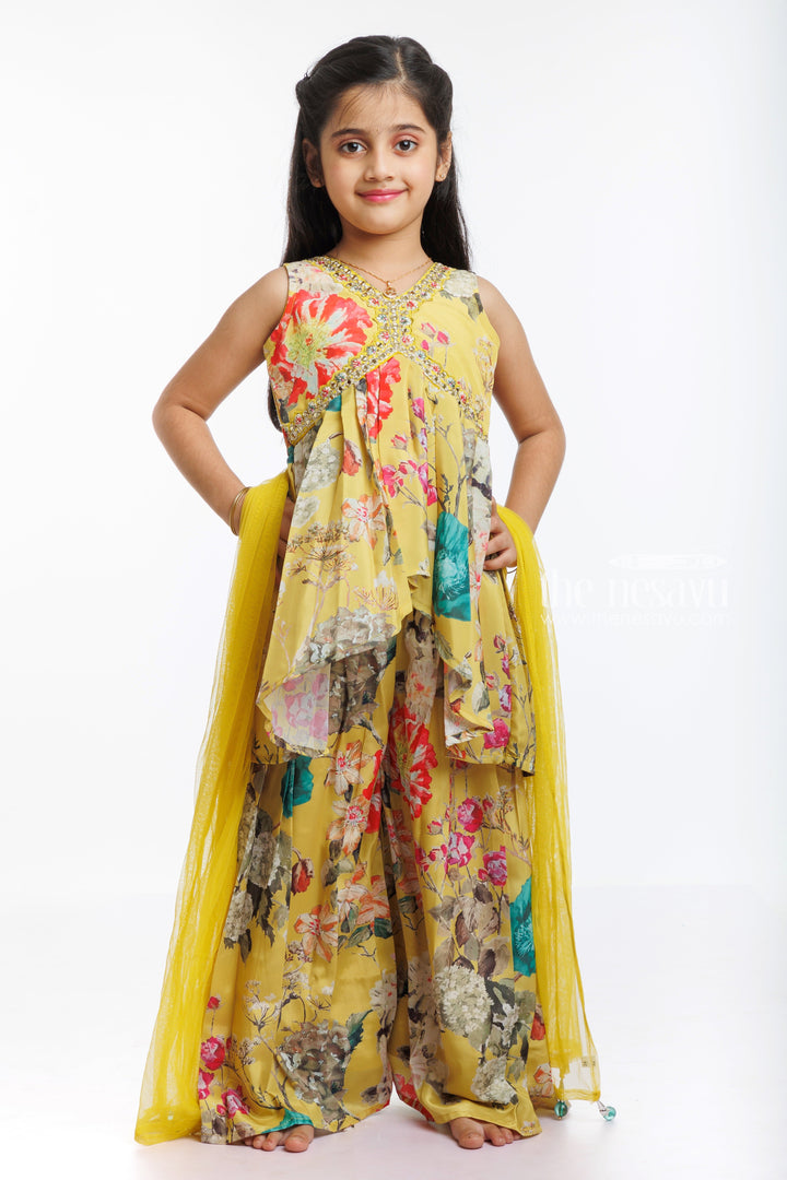 The Nesavu Girls Sharara / Plazo Set Sunset Blooms: Girl's Aliacut Kurti with Palazzo Ensemble Nesavu 24 (5Y) / Yellow / Chinnon GPS299A-24 Shop Girl's Floral Aliacut Kurti and Palazzo Set | Sunset Blooms Collection | The Nesavu