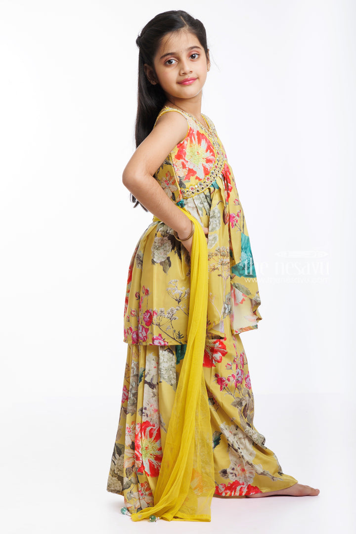 The Nesavu Girls Sharara / Plazo Set Sunset Blooms: Girl's Aliacut Kurti with Palazzo Ensemble Nesavu Shop Girl's Floral Aliacut Kurti and Palazzo Set | Sunset Blooms Collection | The Nesavu