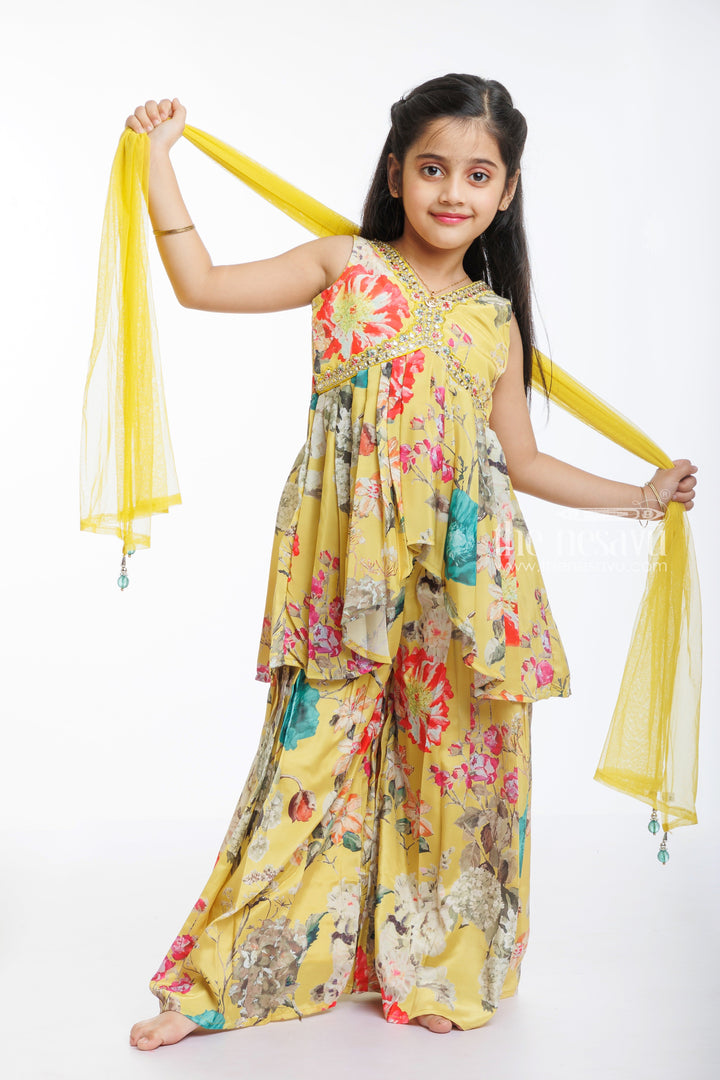 The Nesavu Girls Sharara / Plazo Set Sunset Blooms: Girl's Aliacut Kurti with Palazzo Ensemble Nesavu Shop Girl's Floral Aliacut Kurti and Palazzo Set | Sunset Blooms Collection | The Nesavu