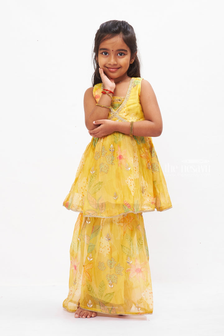 The Nesavu Girls Sharara / Plazo Set Sunshine Yellow Layered Gharara Set with Sparkling Sequins for Girls Nesavu Buy Girls Yellow Sequined Gharara Set | Vibrant Floral Themed Outfit | The Nesavu